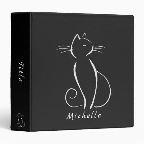 Minimalist White Cat On Black Add Name 3 Ring Binder