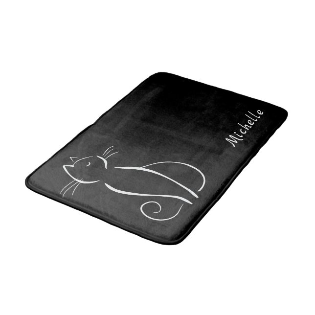 Minimalist White Cat On Black Add Name Bath Mat (Angled)