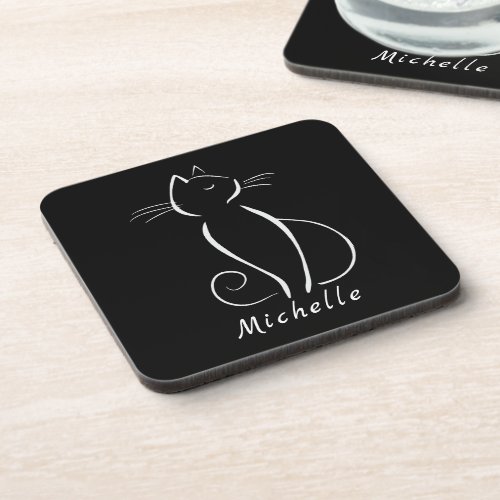 Minimalist White Cat On Black Add Name Beverage Coaster