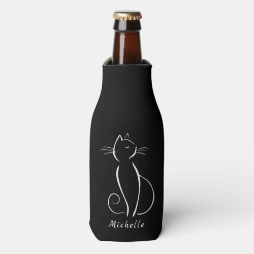 Minimalist White Cat On Black Add Name Bottle Cooler