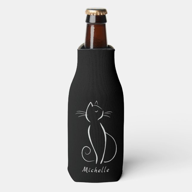 Minimalist White Cat On Black Add Name Bottle Cooler (Bottle Front)