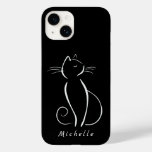 Minimalist White Cat On Black Add Name Case-mate Iphone 14 Case at Zazzle