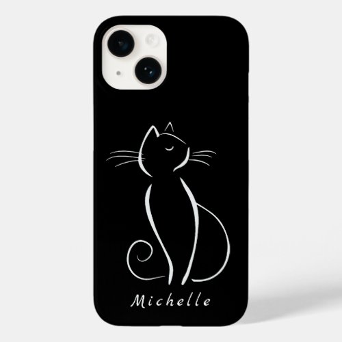 Minimalist White Cat On Black Add Name Case_Mate iPhone 14 Case