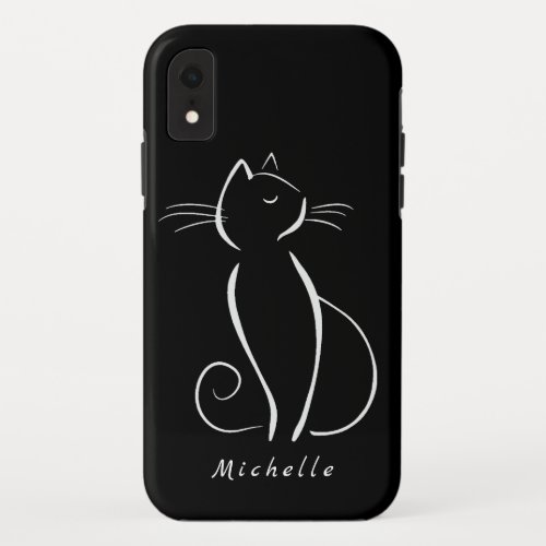 Minimalist White Cat On Black Add Name iPhone XR Case