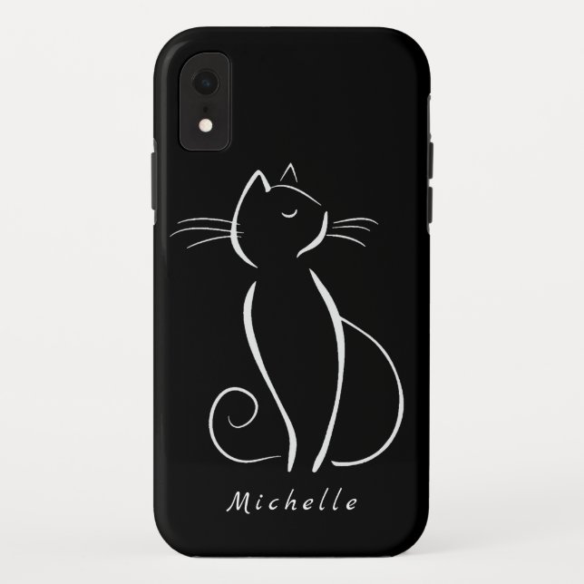 Minimalist White Cat On Black Add Name Case-Mate iPhone Case (Back)