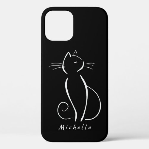 Minimalist White Cat On Black Add Name   iPhone 12 Case