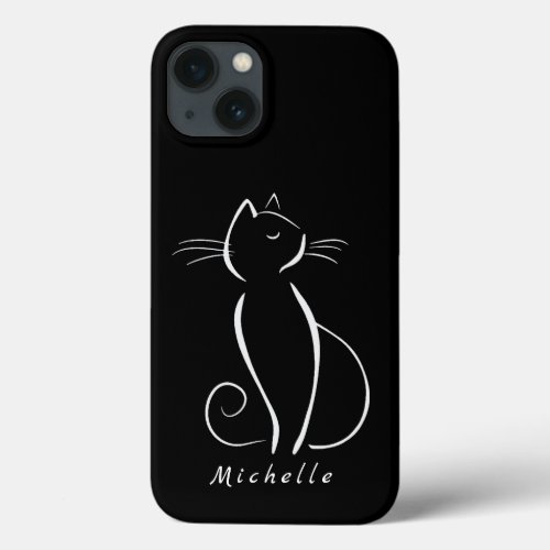 Minimalist White Cat On Black Add Name iPhone 13 Case