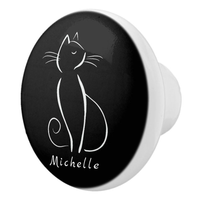 Minimalist White Cat On Black Add Name Ceramic Knob (Right)