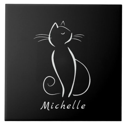Minimalist White Cat On Black Add Name Ceramic Tile