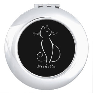 Minimalist White Cat On Black Add Name Compact Mirror