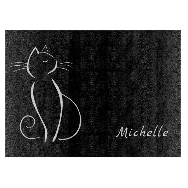 Minimalist White Cat On Black Add Name Cutting Board (Front)