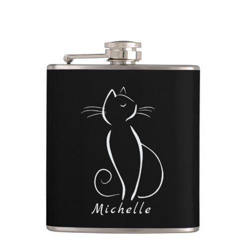 Minimalist White Cat On Black Add Name Flask