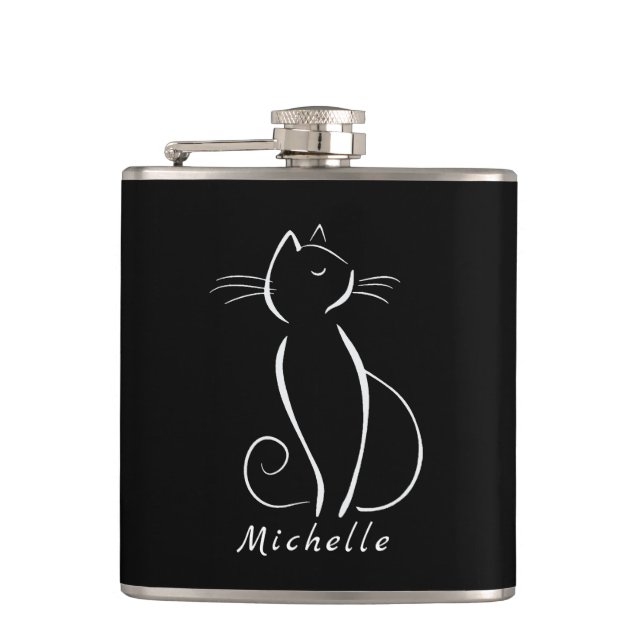 Minimalist White Cat On Black Add Name Flask (Front)