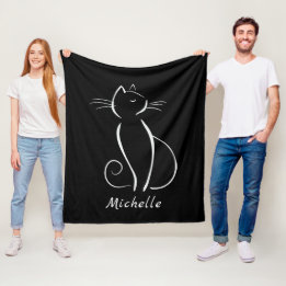 Minimalist White Cat On Black Add Name Fleece Blanket