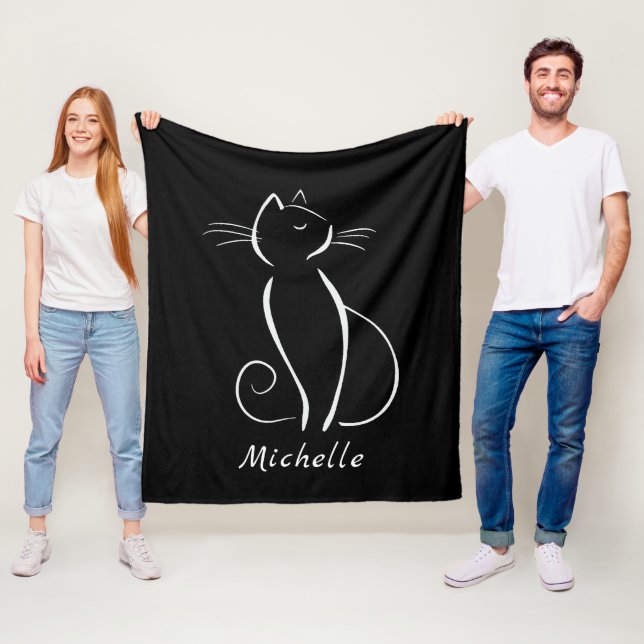 Minimalist White Cat On Black Add Name Fleece Blanket (In Situ)