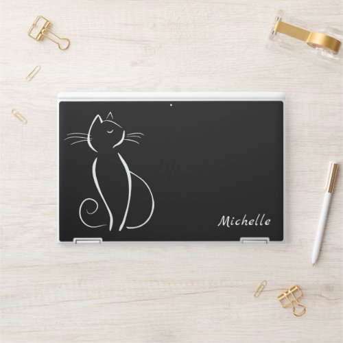 Minimalist White Cat On Black Add Name HP Laptop Skin