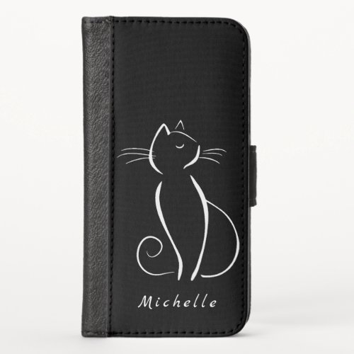 Minimalist White Cat On Black Add Name iPhone X Wallet Case