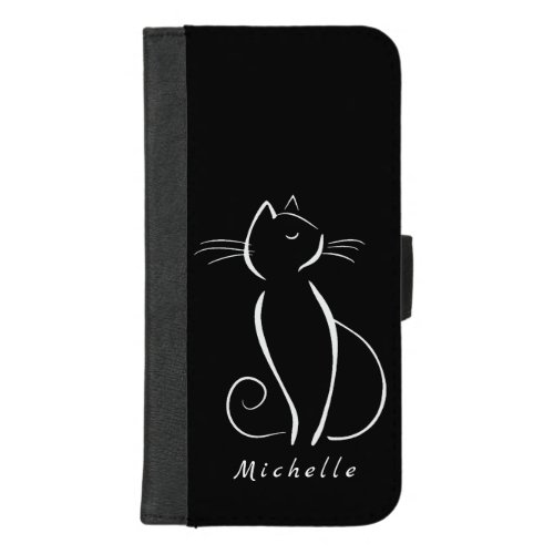 Minimalist White Cat On Black Add Name iPhone 87 Plus Wallet Case