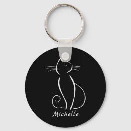 Minimalist White Cat On Black Add Name Keychain