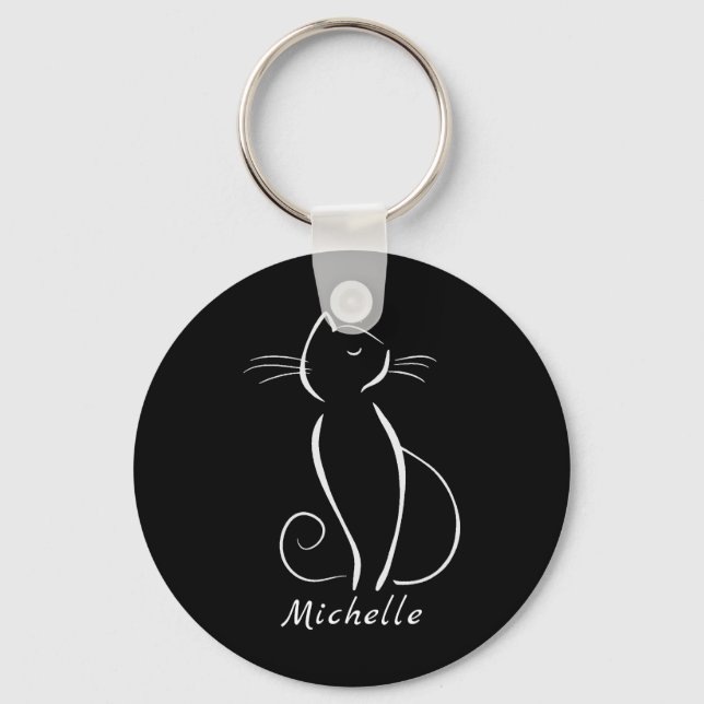 Minimalist White Cat On Black Add Name Keychain (Front)
