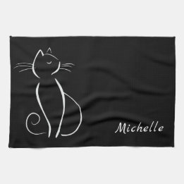 Minimalist White Cat On Black Add Name Kitchen Towel
