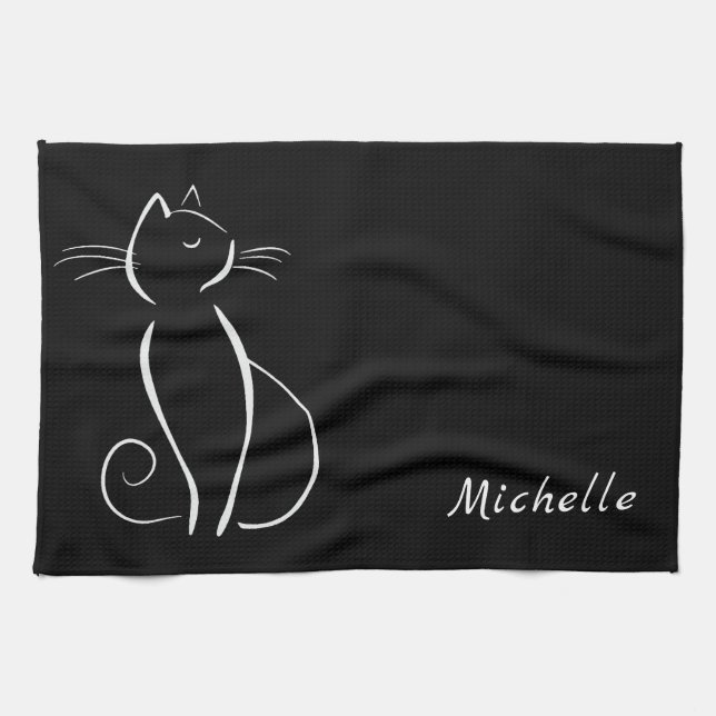 Minimalist White Cat On Black Add Name Kitchen Towel (Horizontal)