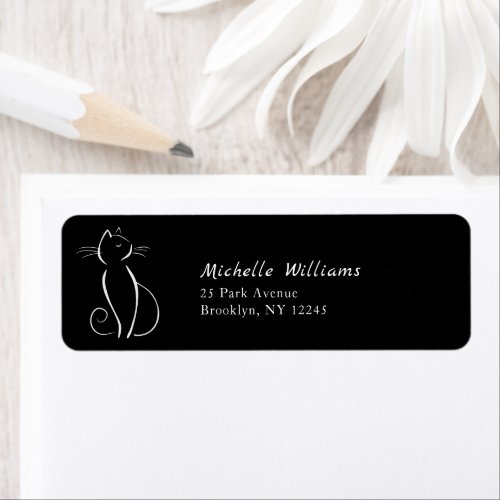 Minimalist White Cat On Black Add Name Label