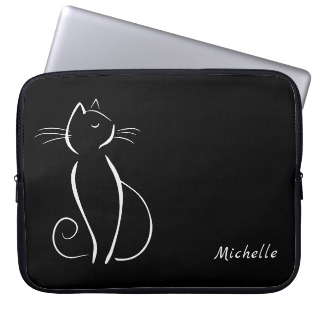Minimalist White Cat On Black Add Name Laptop Sleeve (Front)