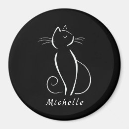 Minimalist White Cat On Black Add Name Magnet