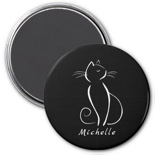 Minimalist White Cat On Black Add Name Magnet