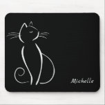 Minimalist White Cat On Black Add Name Mouse Pad<br><div class="desc">Minimalist white cat on a black background mouse pad. Personalize this elegant mouse pad with your name.</div>