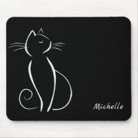Minimalist White Cat On Black Add Name Mouse Pad
