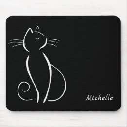 Minimalist White Cat On Black Add Name Mouse Pad