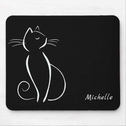 Minimalist White Cat On Black Add Name Mouse Pad