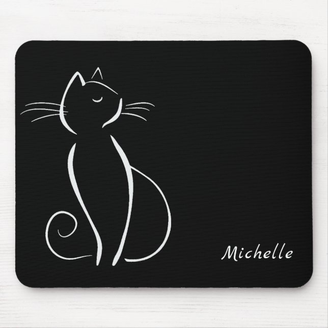 Minimalist White Cat On Black Add Name Mouse Pad (Front)
