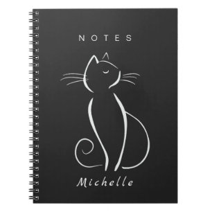 Minimalist White Cat On Black Add Name Notebook
