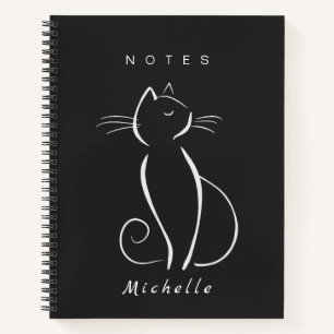 Minimalist White Cat On Black Add Name Notebook