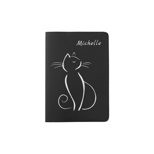 Minimalist White Cat On Black Add Name Passport Holder (Front)