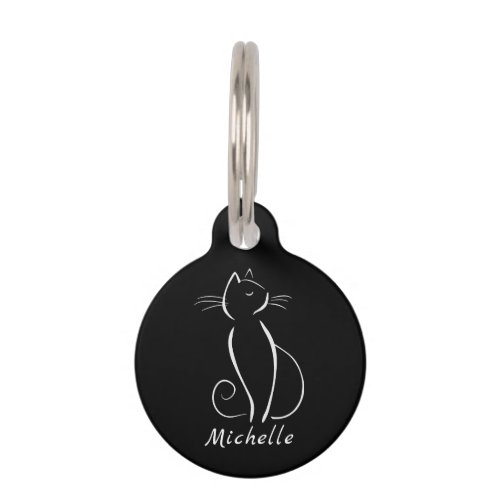 Minimalist White Cat On Black Add Name  Pet ID Tag