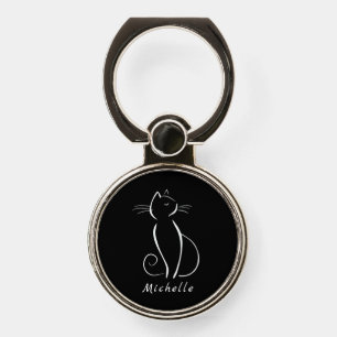Minimalist White Cat On Black Add Name Phone Ring Stand