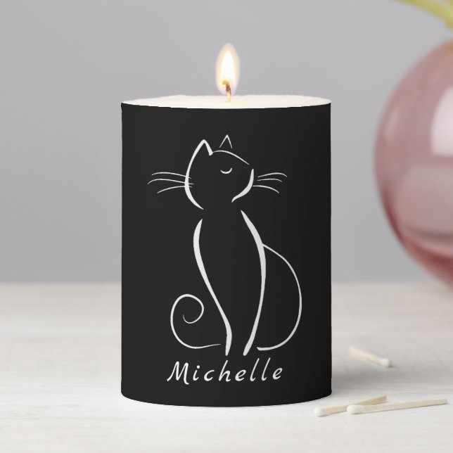 Minimalist White Cat On Black Add Name Pillar Candle (In Situ)