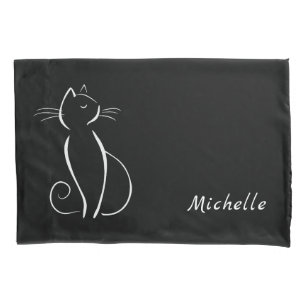 Minimalist White Cat On Black Add Name Pillow Case