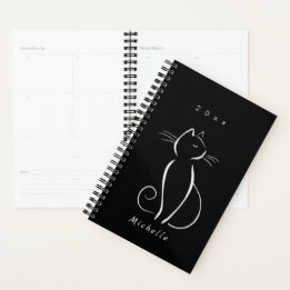 Minimalist White Cat On Black Add Name Planner