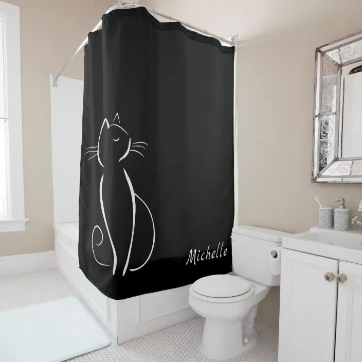 Minimalist White Cat On Black Add Name, Zazzle Shower Curtain