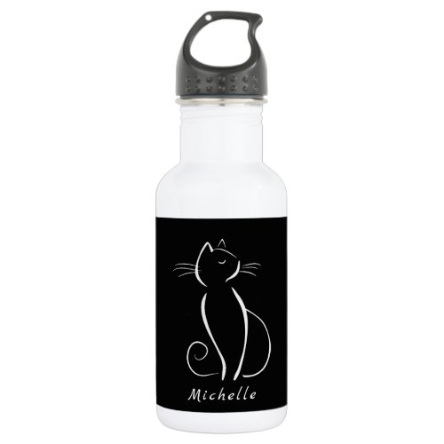 Minimalist White Cat On Black Add Name Stainless Steel Water Bottle