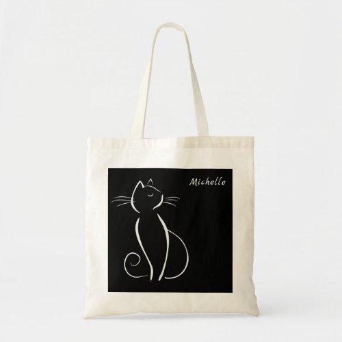 Minimalist White Cat On Black Add Name Tote Bag