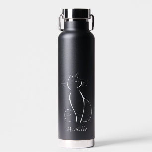 Minimalist White Cat On Black Add Name Water Bottle
