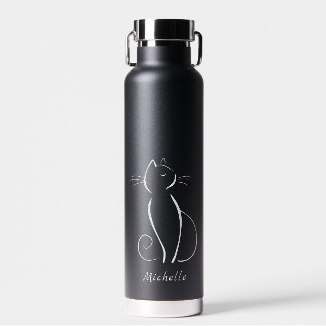Minimalist White Cat On Black Add Name Water Bottle (Front)
