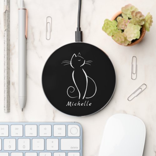 Minimalist White Cat On Black Add Wireless Charger