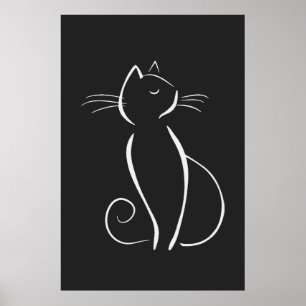 Minimalist White Cat On Black Poster